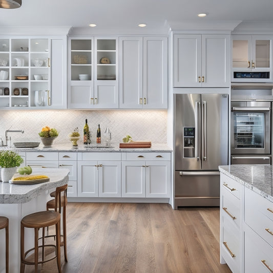 A bright, modern kitchen with sleek, white cabinets, featuring a floor-to-ceiling pantry with pull-out shelving, a built-in wine rack, and a custom island with drawers and a cooktop.
