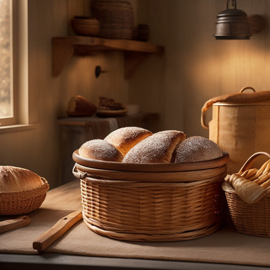 A warm, golden-lit kitchen scene featuring a distressed wooden bread bin with a rounded lid, adorned with a woven rattan handle, sitting on a worn wooden countertop amidst scattered artisanal bread crusts.