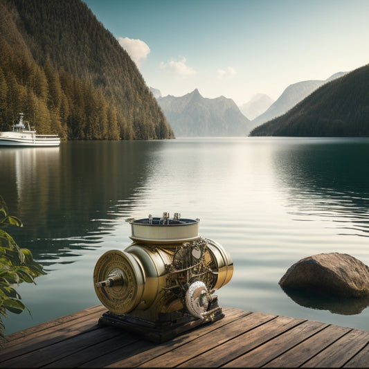 A serene background with a calm lake or ocean, a sleek boat docked in the distance, and a detailed illustration of a marine engine in the foreground, with various tools and gauges surrounding it.