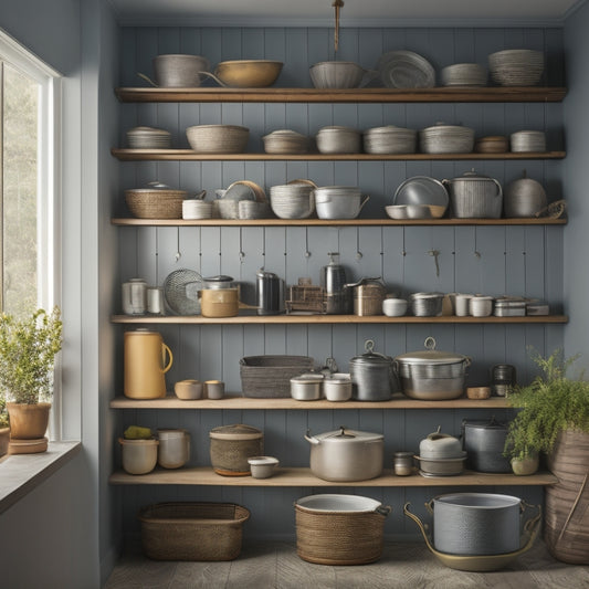 A tidy, well-lit corner cabinet interior with multiple pots and pans of varying sizes suspended from hooks, arranged on stacking shelves, and nestled in woven baskets, against a soft, gray background.
