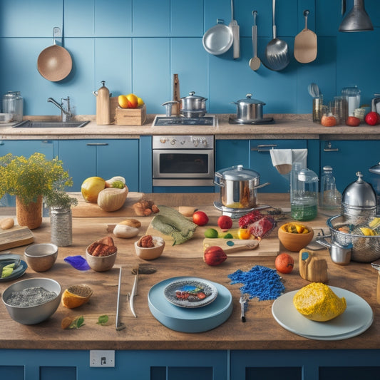 A cluttered kitchen counter with multiple appliances, utensils, and ingredients scattered chaotically, contrasted with a clean and organized background, featuring a few essential tools and a single, perfectly placed chef's knife.