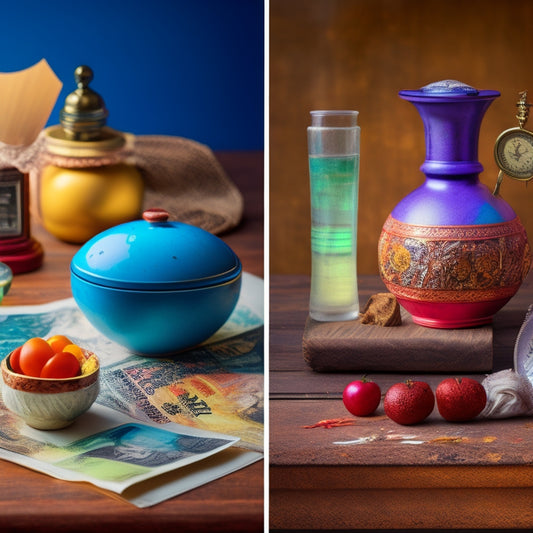 A split-screen image with a crumpled $100 bill on a worn wooden table on one side, and a burst of colorful objects on the other, including a vase, a cookbook, a paintbrush, and a miniature globe.