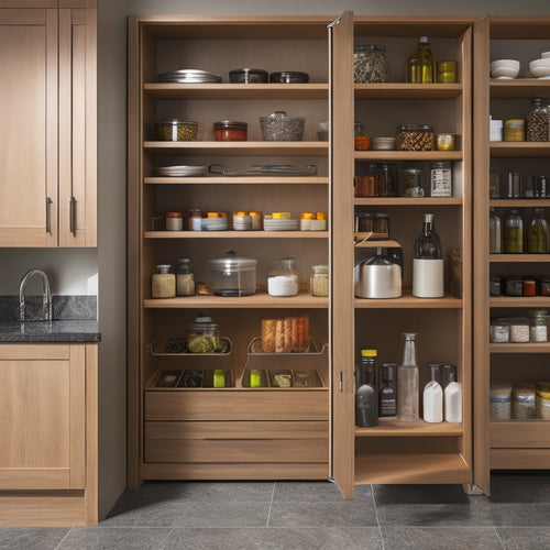 A sleek kitchen featuring a stylish lazy Susan cabinet, filled with organized spices, oils, and utensils. Soft lighting highlights the smooth wood finish and smart pull-out shelves, emphasizing functional space-saving design.