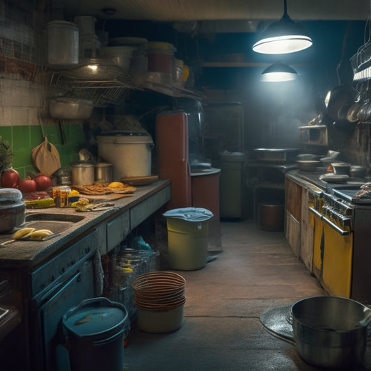 A dimly lit, cluttered commercial kitchen with expired ingredients, dirty utensils, and overflowing trash cans, showcasing a rat scurrying across the counter amidst a backdrop of broken appliances.
