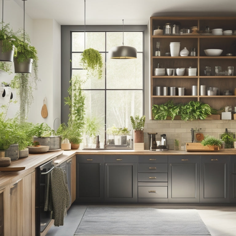 A modern kitchen featuring tall, sleek cabinets, hanging pots, wall-mounted shelves filled with spices, and a vertical herb garden, all bathed in natural light to emphasize organized, efficient vertical storage solutions.