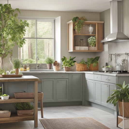 A serene kitchen with a utensil organizer on the wall, a pull-out trash can, and a compact island with built-in storage, surrounded by ample counter space and a few strategically placed potted plants.