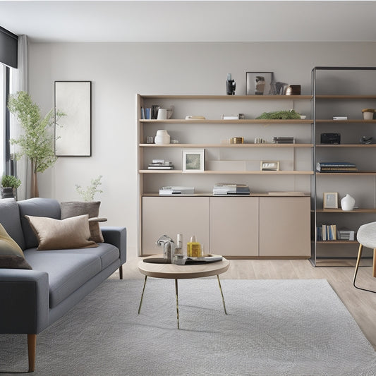 A modern living room with sleek, minimalist furniture, surrounded by half-installed shelves and cabinets, with various tools and hardware scattered around, and a smartphone with a U-Install-It app open on a coffee table.
