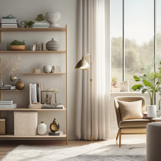 A serene, modern living room with a sleek, minimalist desk, a tidy bookshelf, and a few, carefully placed decorative items, surrounded by plenty of natural light and calm colors.