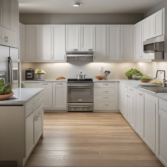 A warm, modern kitchen with cream-colored cabinets, stainless steel appliances, and dark hardwood floors, featuring a sleek, rectangular bread box with a sliding glass top and silver handles.