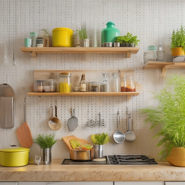 A modern kitchen featuring a chic pegboard wall adorned with colorful utensils, potted herbs, and sleek cookware, complemented by open shelving displaying stylish jars, all bathed in warm, natural light.