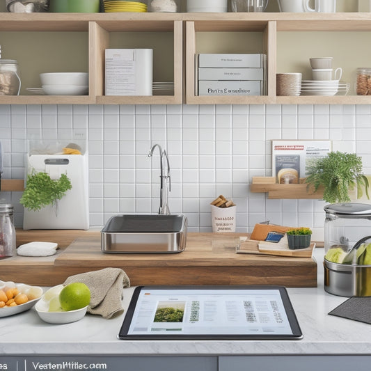 A neat, modern kitchen with a tablet on the counter displaying a digital pantry inventory, surrounded by a few open recipe books, a meal planning calendar, and a small trash can with discarded paper grocery lists.