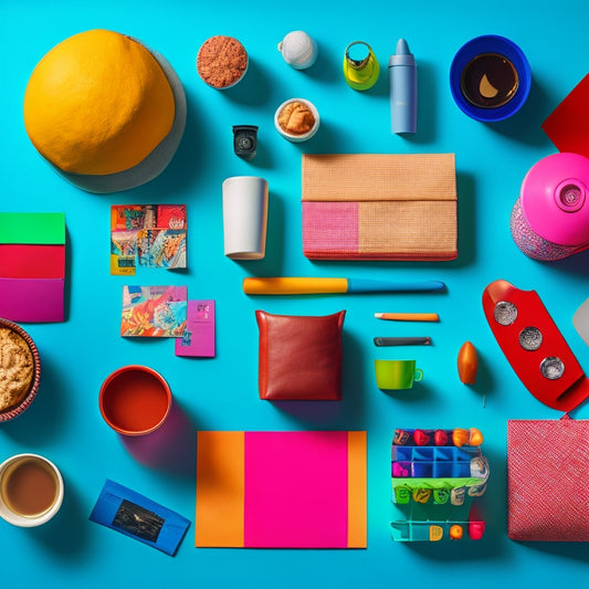 A stylized, overhead flat lay of assorted colorful Stasher bags and bowls, artfully arranged with scattered writing utensils, sheets of paper, and a few strategically placed coffee cups.