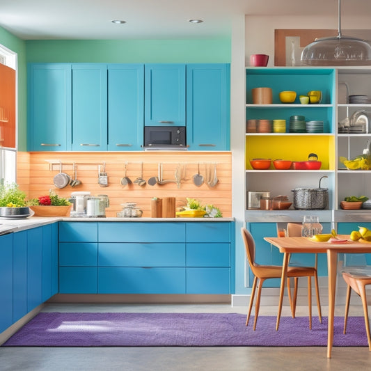 A modern kitchen featuring sleek, modular cabinets with varying heights and widths, open shelving displaying colorful dishware, pull-out drawers for pots and pans, and innovative corner storage solutions, all in a bright, airy space.