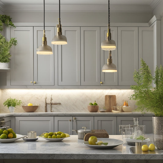 A cozy kitchen scene showcasing various under-cabinet lighting fixtures: warm LED strips, elegant puck lights, and stylish pendant lights illuminating a marble countertop, with soft shadows and a hint of fresh herbs nearby.