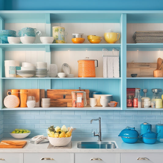 A bright, modern kitchen with a corner cabinet featuring three adjustable shelves, each filled with neatly arranged cookbooks, kitchen utensils, and ceramic dinnerware, set against a clean white background.