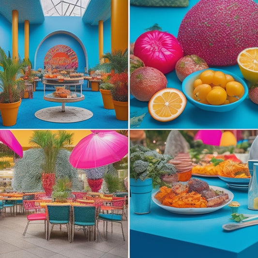 A vibrant food court scene with eclectic, Instagram-worthy stalls featuring artistic food displays, colorful utensils, and unique serving dishes, surrounded by lush greenery and modern, abstract sculptures.