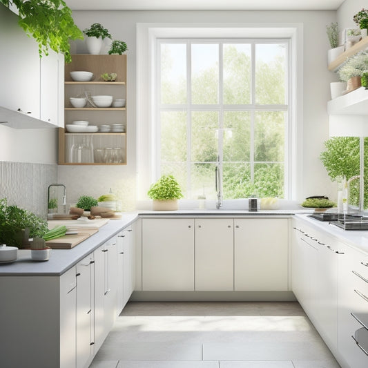 A sleek, modern modular kitchen featuring elegant white cabinets, a seamless countertop, and an integrated dish drainer. Sunlight streams through a window, highlighting organized dishes and fresh herbs in a vibrant, inviting space.