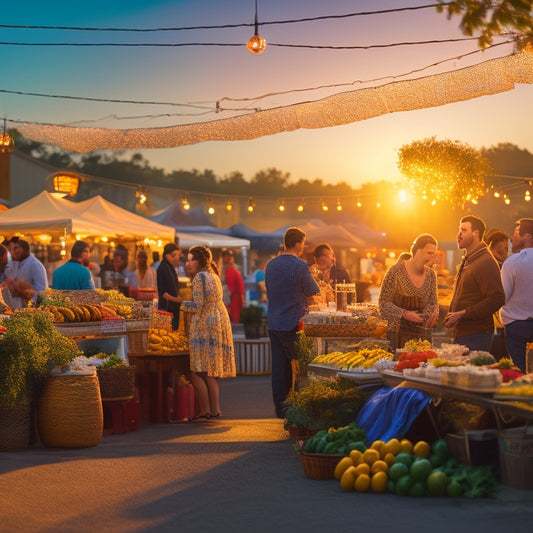 A bustling outdoor food market scene at sunset, with vibrant produce stands, eclectic food trucks, and joyful patrons gathered around communal tables, under twinkling string lights and a warm, golden glow.