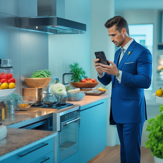 A modern kitchen with sleek countertops, stainless steel appliances, and a busy professional in a suit, holding a smartphone, surrounded by healthy ingredients and a smart display showing a recipe.