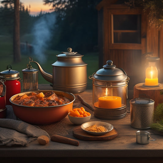 A warm, golden-lit kitchen scene with a steaming pot of soup on a stovetop, surrounded by canned goods, a first-aid kit, and a battery-powered lantern, amidst a subtle background of wilderness-inspired elements.