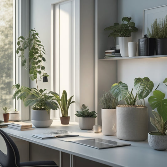 A serene, well-lit room with a minimalist aesthetic, featuring a sleek, wall-mounted shelf system, a clutter-free desk, and a few, carefully-placed, thriving plants.