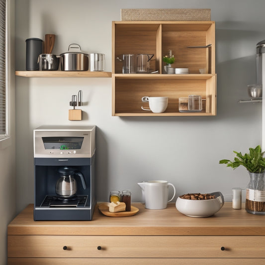 A tidy, modern kitchen with a wall-mounted shelf system, showcasing a toaster, blender, and coffee maker, each nestled in its own compact, rectangular cubby with a wooden or metal frame.