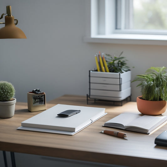 A tidy, minimalist desk with a small, three-tiered storage unit, a set of colorful pens, and a small potted plant, surrounded by a few neatly arranged notebooks and a calendar.