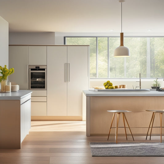 A tidy, modern kitchen with natural light, featuring a minimalist island, sleek cabinetry, and a few, carefully placed, decorative pieces, surrounded by ample negative space.