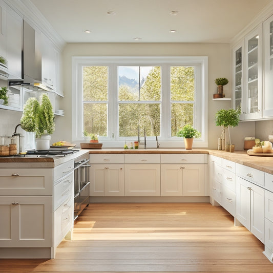 A bright, modern kitchen with sleek white cabinets, warm wood floors, and a large window letting in natural light, featuring sliding shelves in various sizes and shapes, effortlessly gliding out of cabinets.
