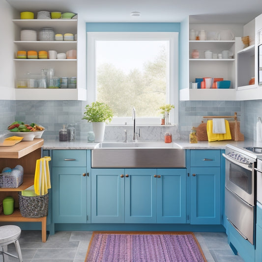 A bright, modern kitchen with open under-sink cabinets, featuring neatly arranged, colorful storage bins filled with cleaning supplies, dish soap, and sponges, surrounded by a clean, white sink and polished countertops.