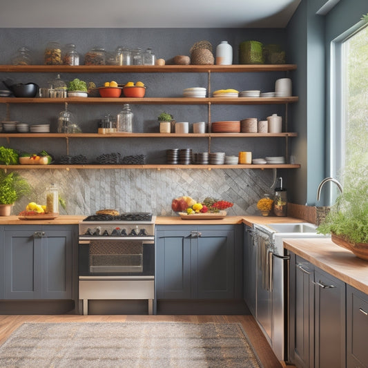A sleek, modern kitchen featuring a multi-tiered rack filled with organized spices, colorful cookware, and fresh produce, bathed in natural light, with a backdrop of minimalist cabinetry and a vibrant backsplash.