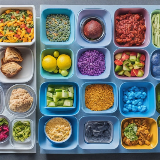A colorful, overhead shot of a kitchen counter with 5-7 different meal prep container systems, each with a unique shape, size, and design, showcasing various meals and ingredients.