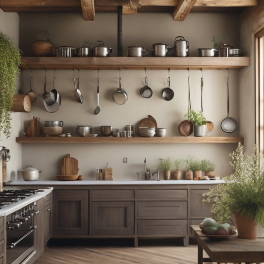 A beautifully organized kitchen featuring a rustic wooden ceiling rack adorned with gleaming pots and pans, herbs hanging in small bundles, and soft, warm lighting illuminating the space, highlighting a clean, modern aesthetic.