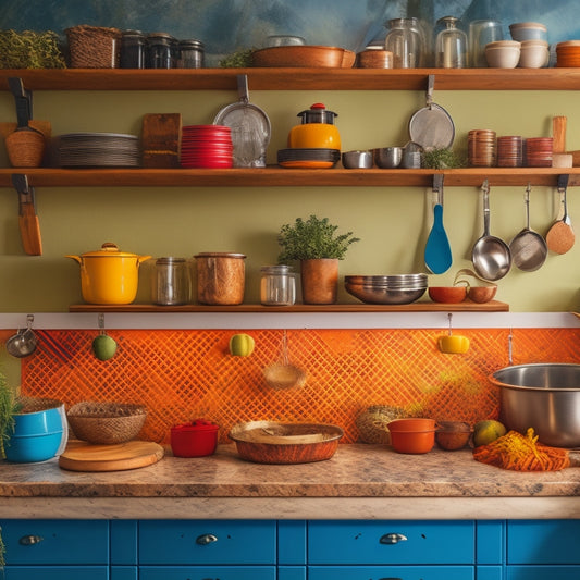 A cozy kitchen with vertical shelves filled with spices and jars, a foldable dining table against a wall, hanging pots and pans from a ceiling rack, and magnetic knife strips on a colorful backsplash.