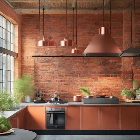 A minimalist urban kitchen featuring a stylish ceiling-mounted pot rack, suspended above a sleek island. Copper pots gleam against a backdrop of exposed brick walls, with soft, ambient lighting highlighting the modern decor.