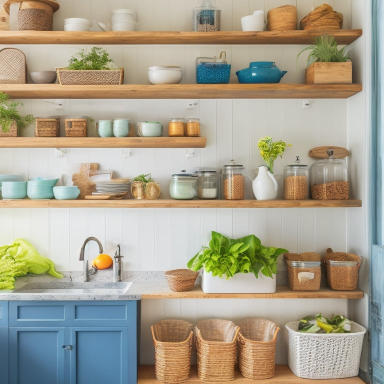 A clutter-free kitchen with a mix of repurposed containers, baskets, and DIY shelves, featuring a mason jar utensil holder, a pegboard with hanging pots, and a repurposed crate as a kitchen island.