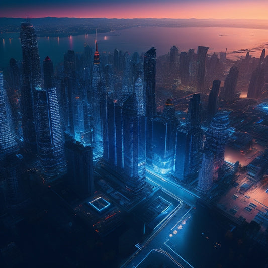 A futuristic cityscape at dusk with sleek skyscrapers, neon-lit streets, and flying drones, surrounded by orbiting satellites, with glowing circuit boards and microchips embedded in the architecture.