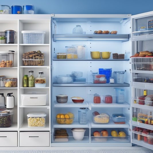 A clean and organized kitchen with airtight containers, labeled and stacked on shelves, a refrigerator with visible temperature display, and a calendar on the wall with expiration dates marked.