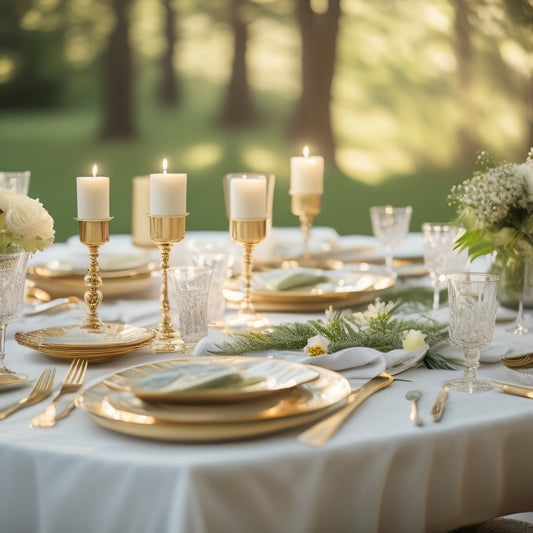 A warm, golden-lit scene featuring a beautifully styled registry table with elegant glassware, fine china, and luxurious linens, surrounded by lush greenery and soft, white flowers.