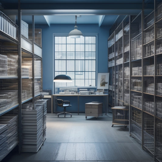 A tidy, well-lit storage room with rows of sleek, silver shelving units, each stacked with neatly rolled blueprints, maps, and large documents, with a few architectural models on display.