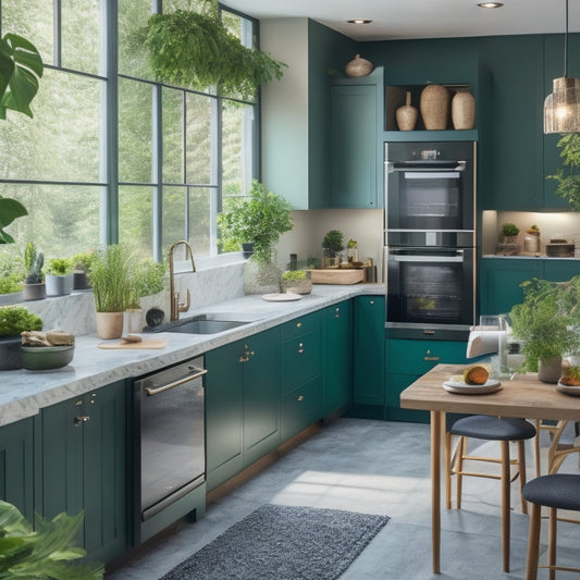A stylish open kitchen featuring a sleek corner cabinet with glass doors, surrounded by modern appliances, vibrant greenery, and elegant lighting, showcasing organized cookware and decorative items for an inviting atmosphere.