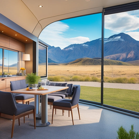 A sleek, modern van interior with a murphy bed, convertible dining table, and modular storage units, surrounded by large windows and a sliding glass door, set against a scenic mountain landscape.