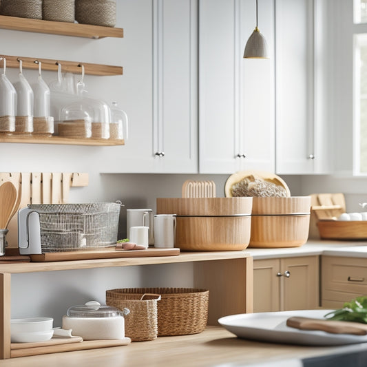 A beautifully designed kitchen island featuring various sleek organizers: bamboo utensil holders, modern spice racks, elegant baskets, and minimalist storage containers, all set against a bright, airy kitchen backdrop with natural light streaming in.