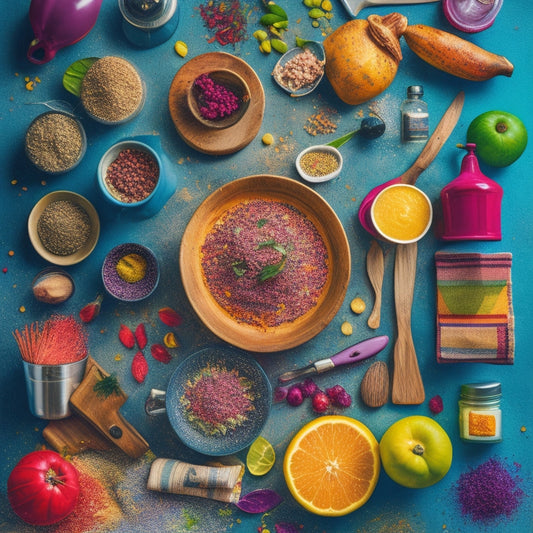 A vibrant, whimsical illustration of a chef's kitchen, overflowing with colorful ingredients, utensils, and cookbooks, with a splash of paintbrush strokes and confetti, surrounded by swirling patterns of kitchen towels and aprons.