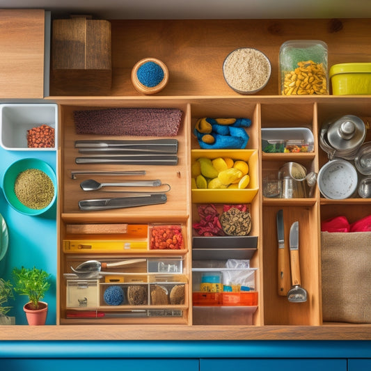 A tidy small kitchen drawer filled with colorful, neatly arranged organizers holding utensils, spices, and small gadgets. Soft natural light highlights the organized chaos, showcasing efficient use of space in a cozy kitchen setting.