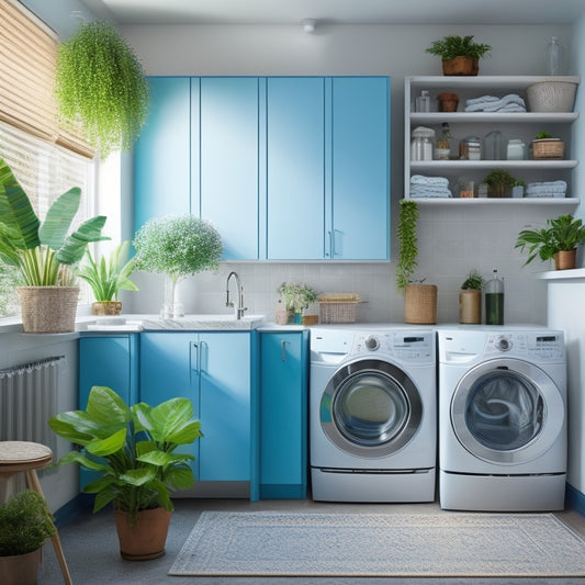 A bright, modern laundry room with sleek cabinets, a wall-mounted folding station, and a pull-out ironing board, surrounded by fresh laundry and a few potted plants.