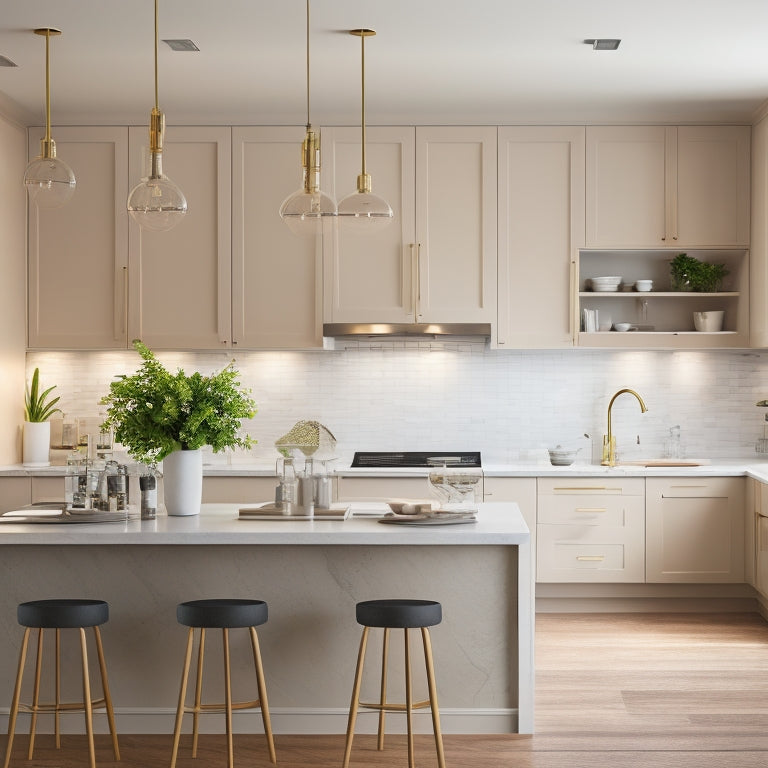 A modern kitchen with sleek, handle-less cabinets, a large island with a built-in sink, and a sleek pendant light above, surrounded by a neutral color palette and minimal decor.