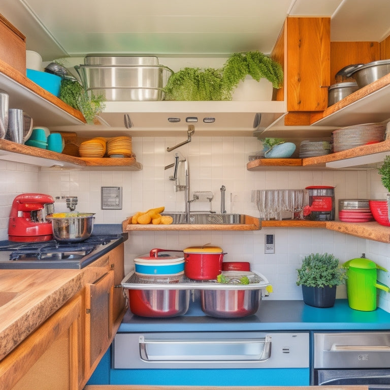 A cluttered RV kitchen with pots and pans stacked haphazardly, utensils spilling from drawers, and a crowded countertop, contrasted with a tidy, organized space featuring adjustable shelving, labeled bins, and a sleek, modern aesthetic.