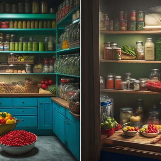 A split-screen image with a cluttered, dimly lit pantry on the left, with expired cans and moldy food, and a bright, organized pantry on the right, with labeled containers and fresh produce.
