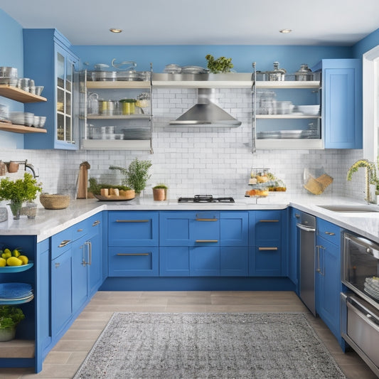 A bright, modern kitchen with custom cabinetry, featuring a combination of pull-out trash cans, adjustable shelving, and soft-close drawers, with utensils, cookbooks, and kitchenware neatly organized and visible.